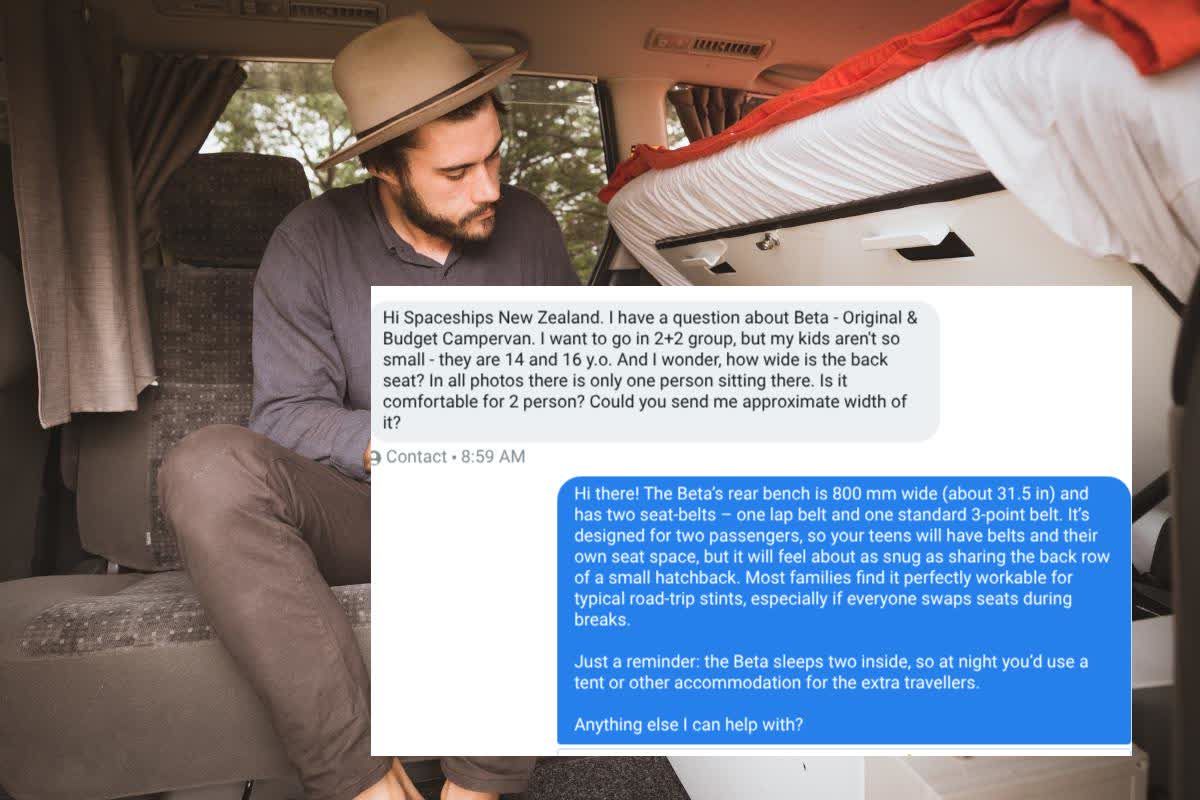 Screenshot van gesprek tussen WhatsApp AI chatbot en een klant over een bepaald soort campervan. Achtergrondfoto is de binnenkant van deze camper